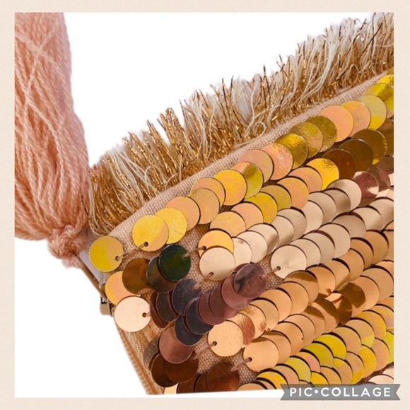 NWT Sparkling Gold & Peach Fringed Sequin Cosmetic Bag - Picture 3 of 5